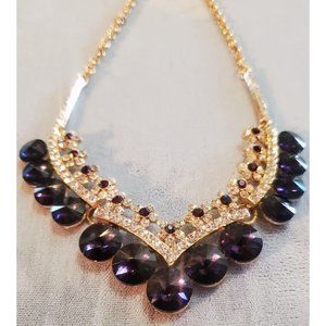 Stunning Statement Gold Tone Purple Necklace Faceted Crystal Rhinestones 20"